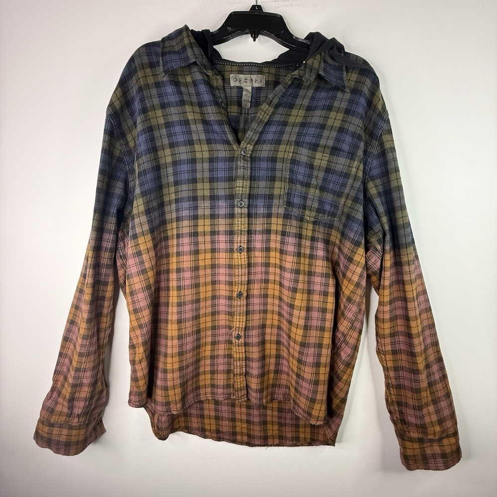 Decree Plaid Men's Grunge Y2K Button Up XXL  Blue And Orange 2 Tone Hoodie